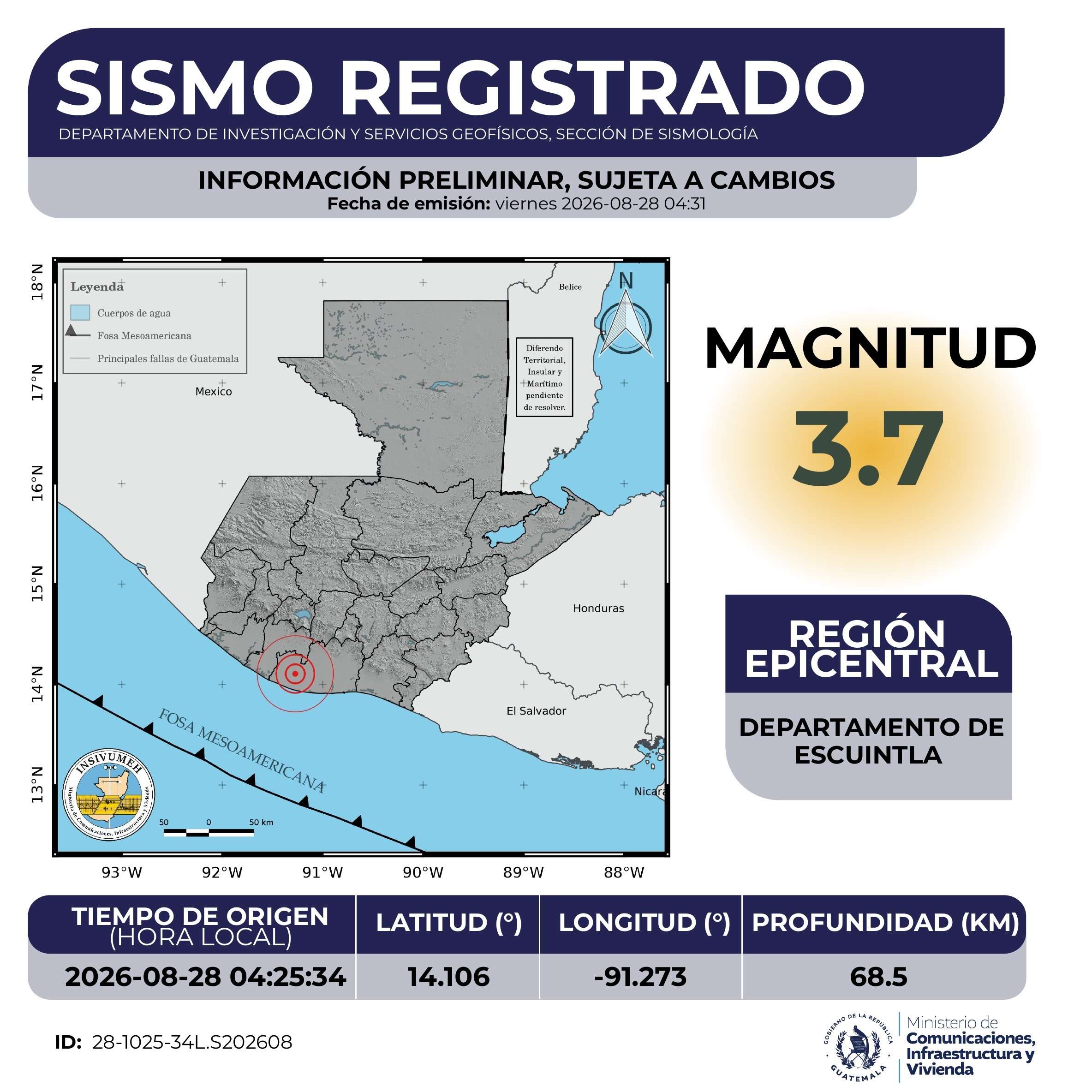 Sismo de 3.7 sacude Escuintla de madrugada