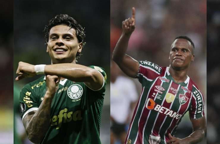 Combo de fotografías que muestra de izquierda a derecha a los jugadores Giorgian De Arrascaeta del Flamengo, Richard Ríos de Palmeiras, Jhon Arias de Fluminense e Igor Jesus de Botafogo. EFE/Andre Coelho/Antonio Lacerda/Isaac Fontana/ARCHIVO