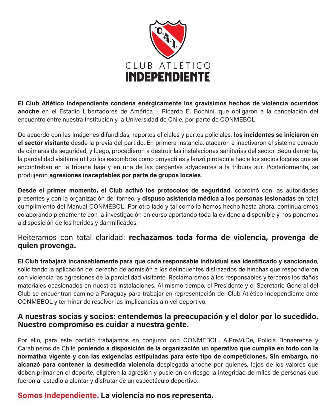 Independiente se refiere a incidentes causados por "delincuentes disfrazados de hinchas" 1 comunicado club atlético independiente.