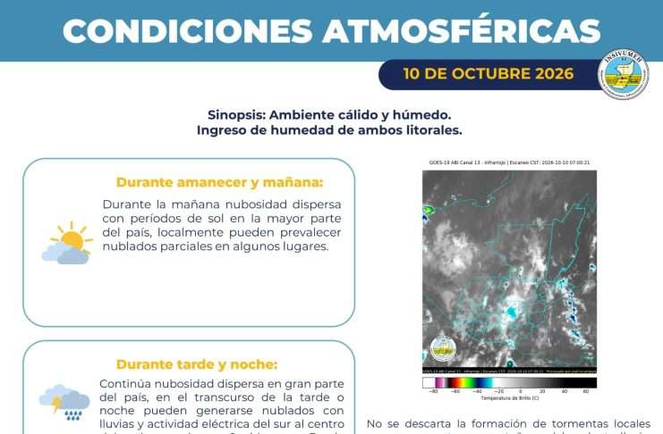 El Instituto Nacional de Sismología, Vulcanología, Meteorología e Hidrología (Insivumeh) compartió las condiciones atmosféricas previstas para este sábado 10 de octubre de 2026, destacando un ambiente cálido y húmedo en el territorio nacional debido al ingreso de humedad desde ambos litorales. El Instituto Nacional de Sismología, Vulcanología, Meteorología e Hidrología (Insivumeh) compartió las condiciones atmosféricas previstas para este sábado 10 de octubre de 2026, destacando un ambiente cálido y húmedo en el territorio nacional debido al ingreso de humedad desde ambos litorales.